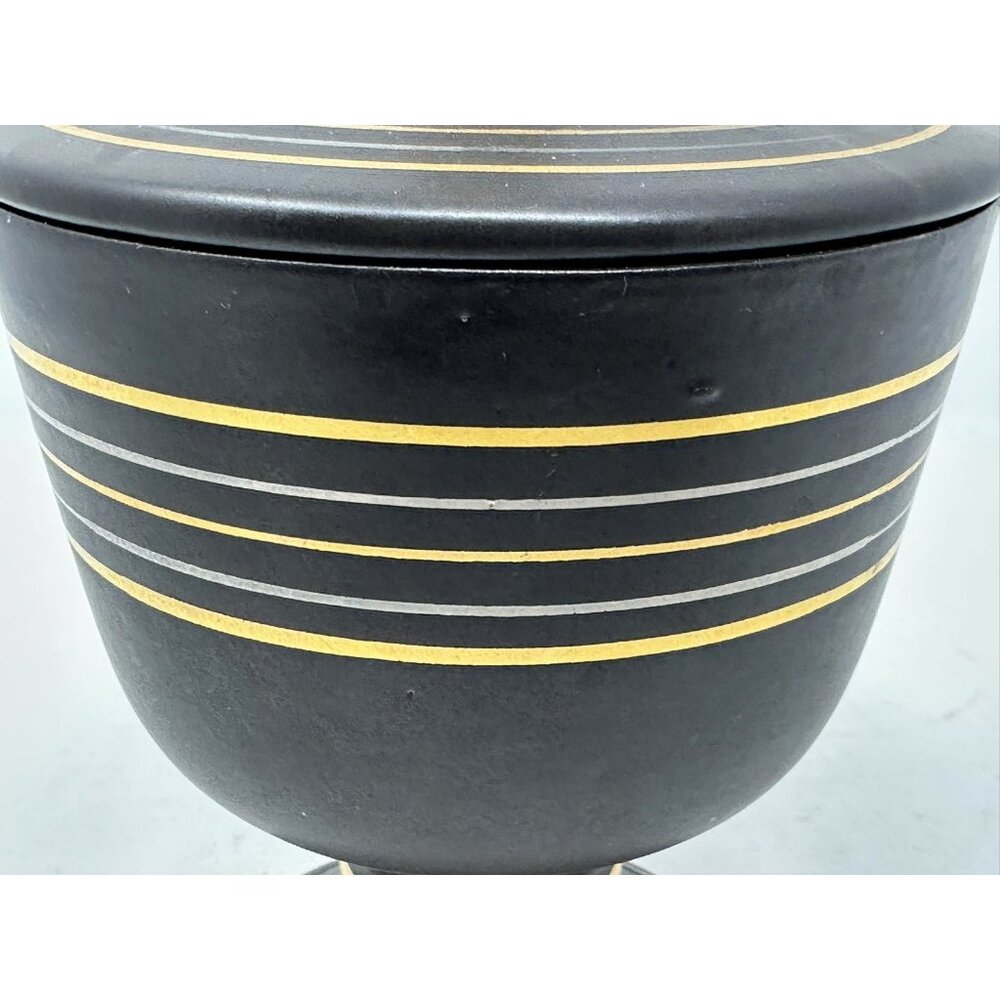 Vtg VEE JACKSON CALIFORNIA 10" URN w/ FINIAL LID Black/Brown Gold Silver Lines - Picture 11 of 13